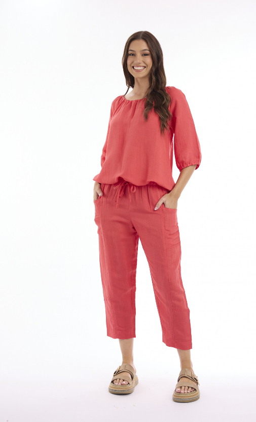 Red Linen Mid Pants