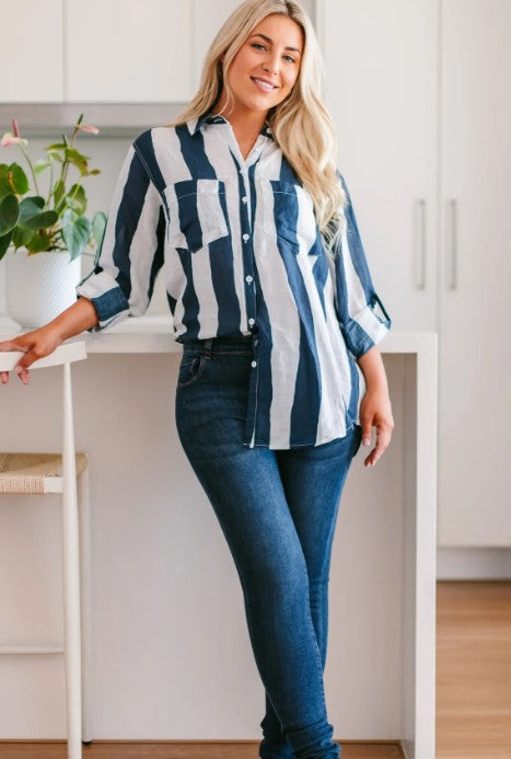 Linen stripe navy shirt