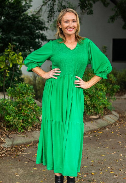 Green shirred dress s/sleeve