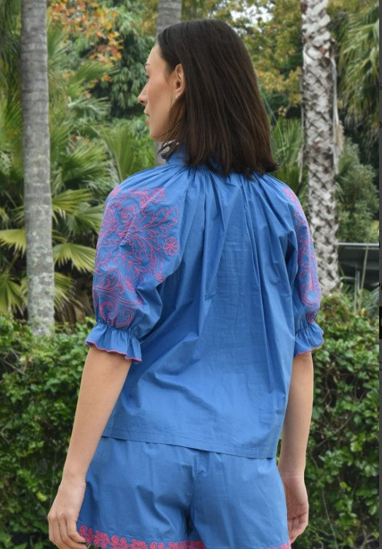 Blue/pink frill stitch blouse