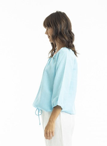 Linen gather sky blouse