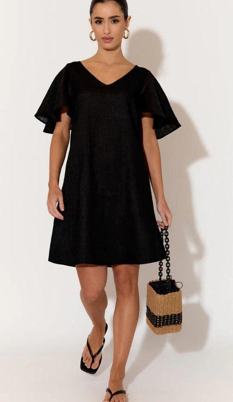 Theo black linen short dress