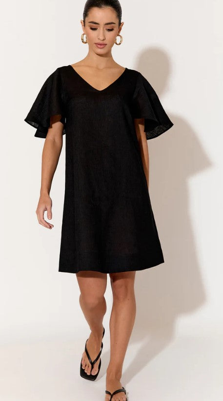 Theo black linen short dress