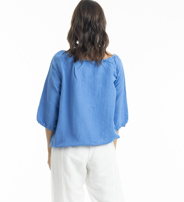 Linen blue gather blouse