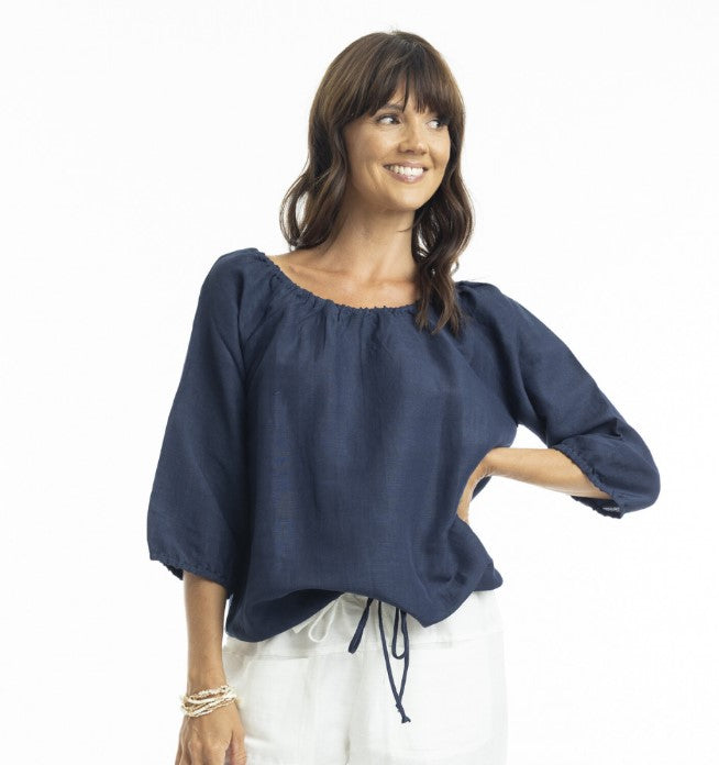 navy linen gather blouse