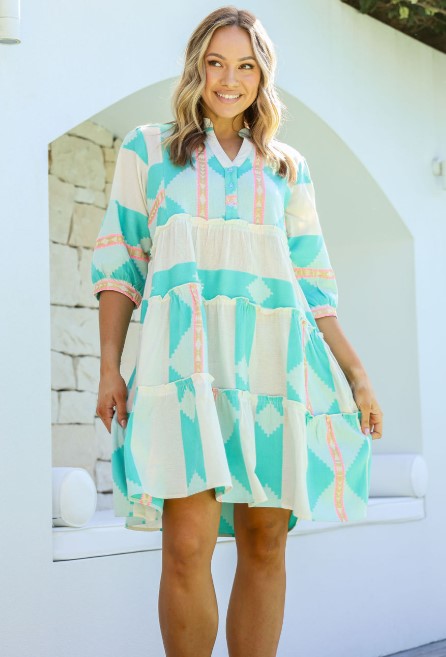 Mediterranean dress teal/pink dress