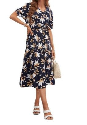 MANDY Natural/navy floral dress