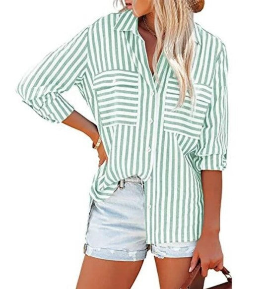 Green stipe collar shirt