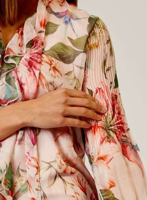 Chiffon Leave Print pink/green blouse