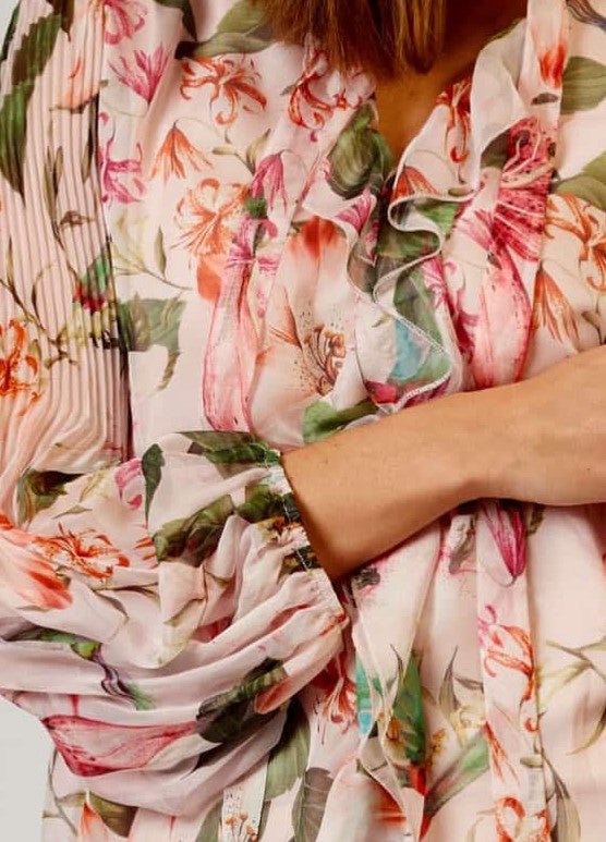 Chiffon Leave Print pink/green blouse