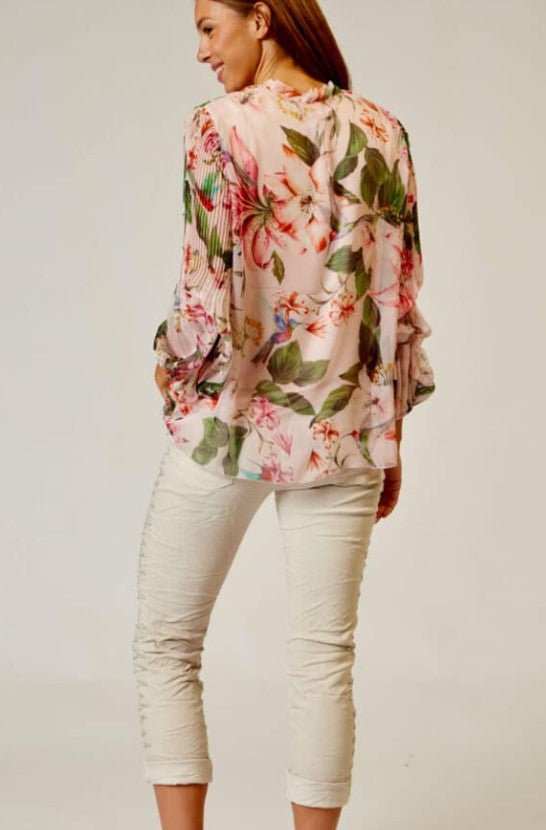 Chiffon Leave Print pink/green blouse
