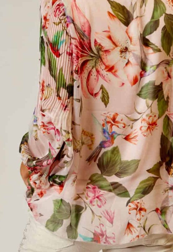 Chiffon Leave Print pink/green blouse