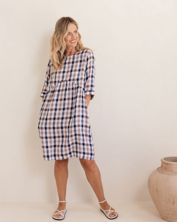 See Saw Linen Navy/Bronze check Dress