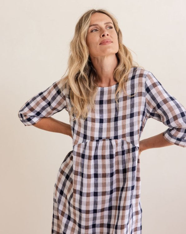 See Saw Linen Navy/Bronze check Dress