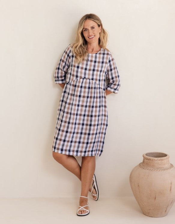 See Saw Linen Navy/Bronze check Dress
