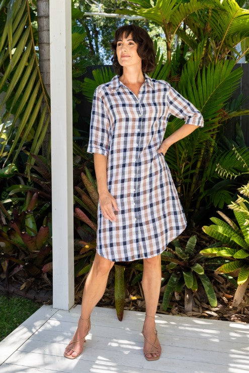 See Saw Linen Navy/Bronze Shirtmaker dress