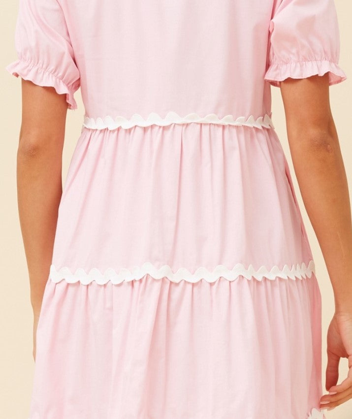 Pink ric rac puff sleeve dress