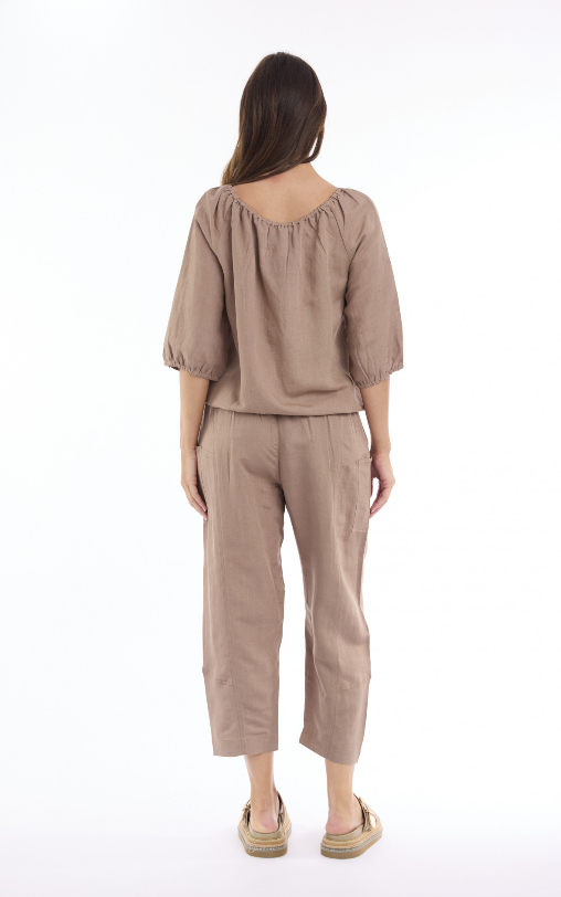 Linen Mocha Gather blouse