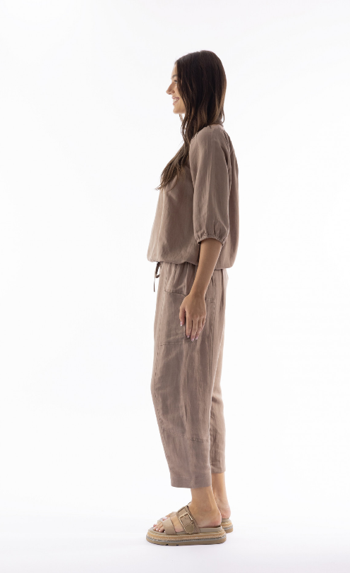 Linen Mocha Gather blouse