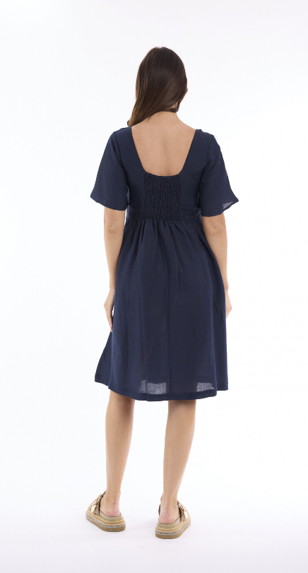 Linen Navy Square neckline dress