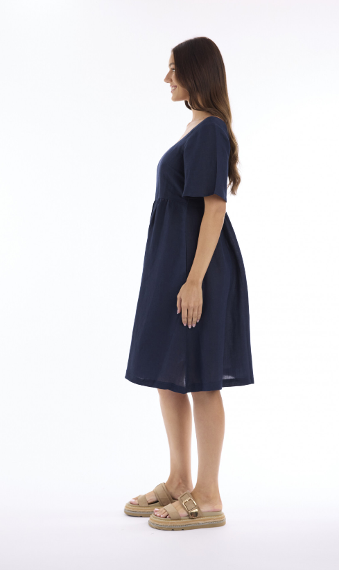 Linen Navy Square neckline dress