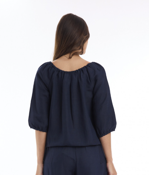 Linen Gather Navy blouse