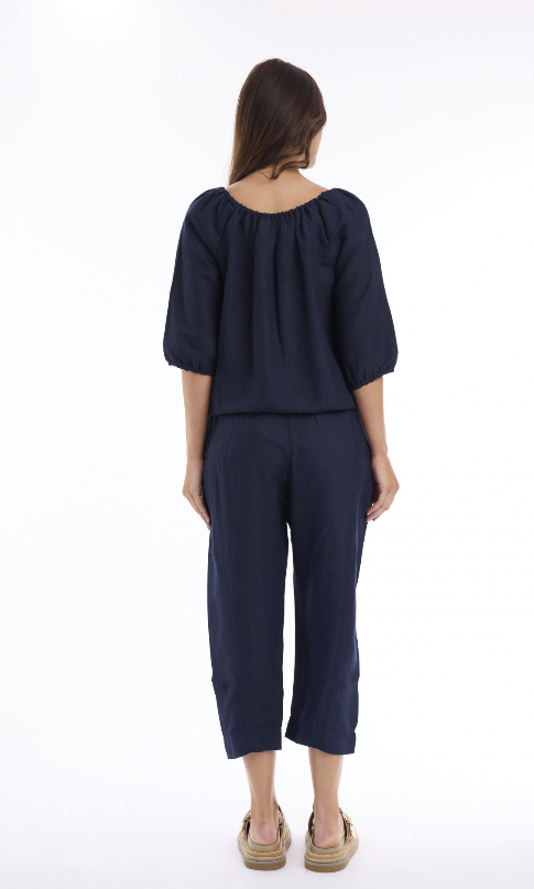 Linen Gather Navy blouse