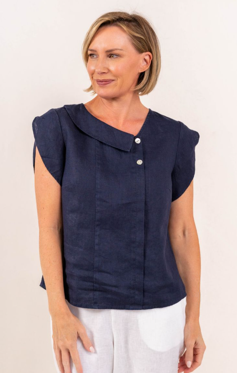Navy Linen Cowl Blouse