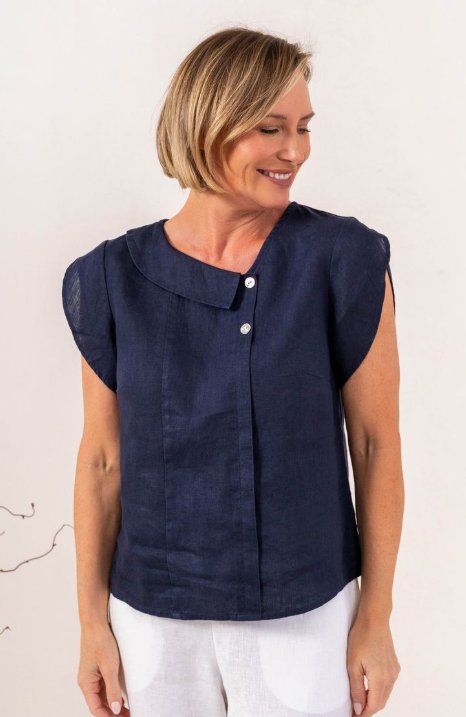 Navy Linen Cowl Blouse