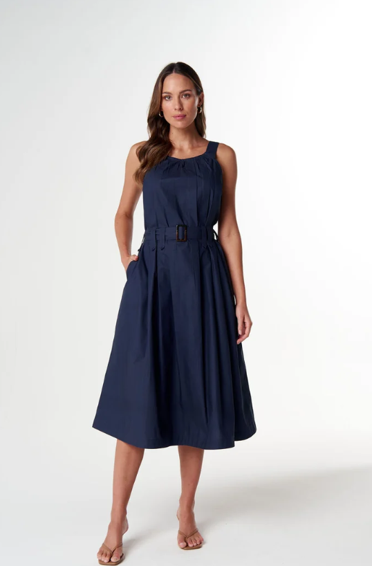 Navy Pleated Cotton dress
