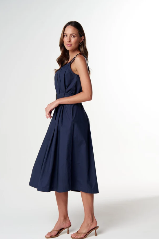 Navy Pleated Cotton dress