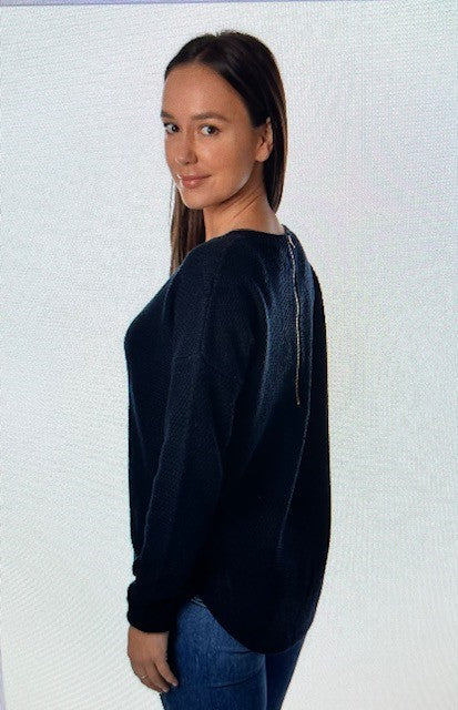 Zip Back Knit Scalloped Jumper - Navy