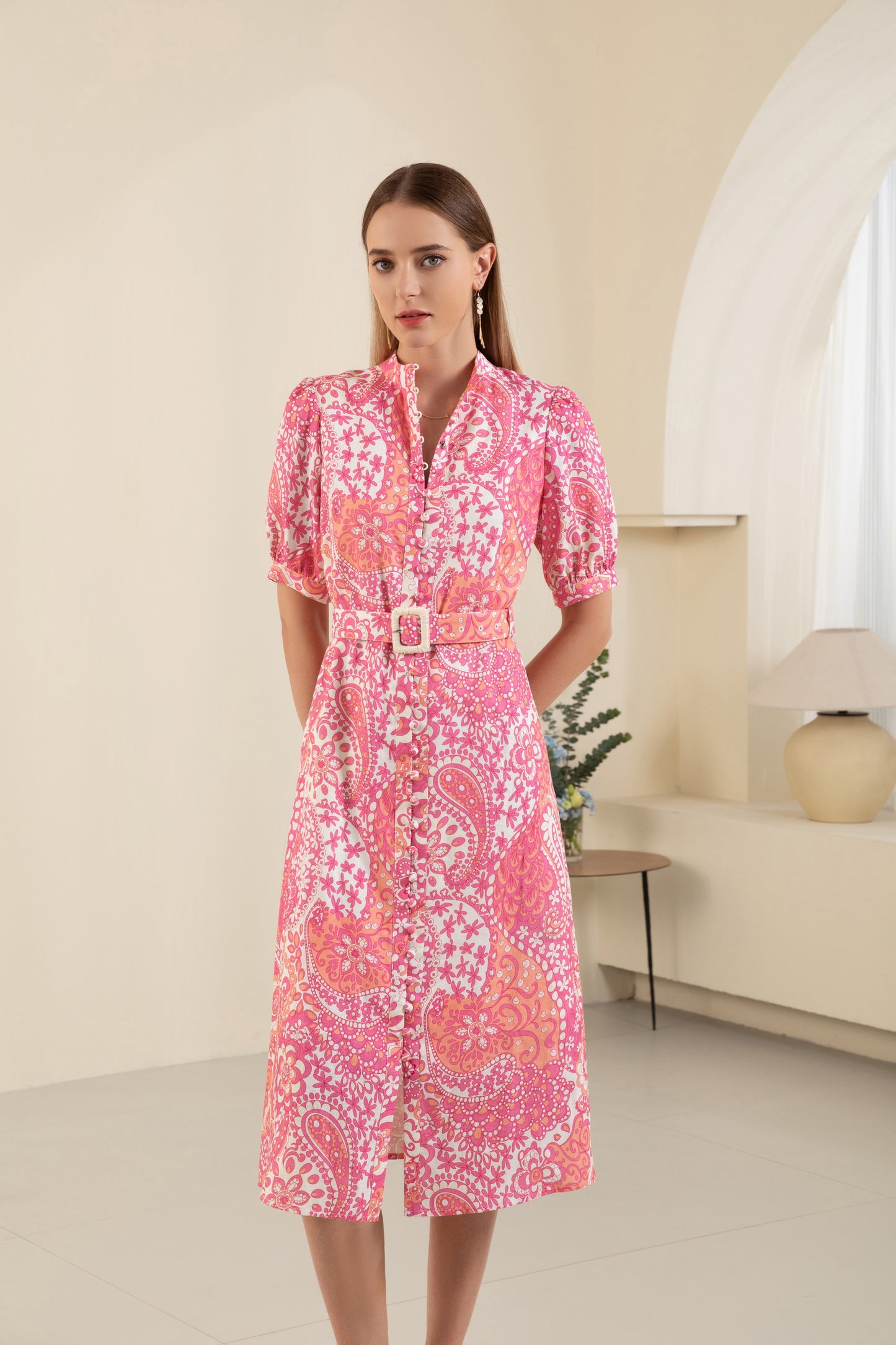 Clarisse belted long pink dress